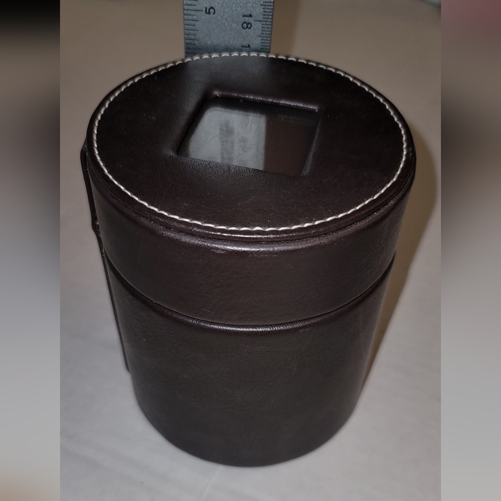 Adorable Round faux Brown leather container with photo Insert Container Case